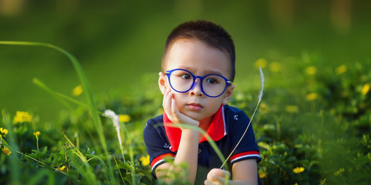 Junge liegt auf einer grünen Wiese und blickt in die Kamera. Auf der Nase trägt er eine blaue Brille, die sich besonders von der grünen Umgebung abhebt. 