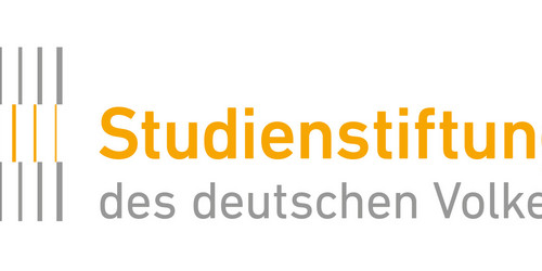 Logo der Studienstiftung des deutschen Volkes: mit schwarzen und gelben Strichen links und rechts in Dick und Gelb der Name der Stiftung