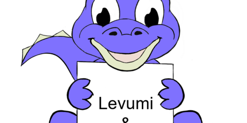 Ein Drache, der ein Schild vor sich hält mit der Aufschrift: Levumi und DoProfil