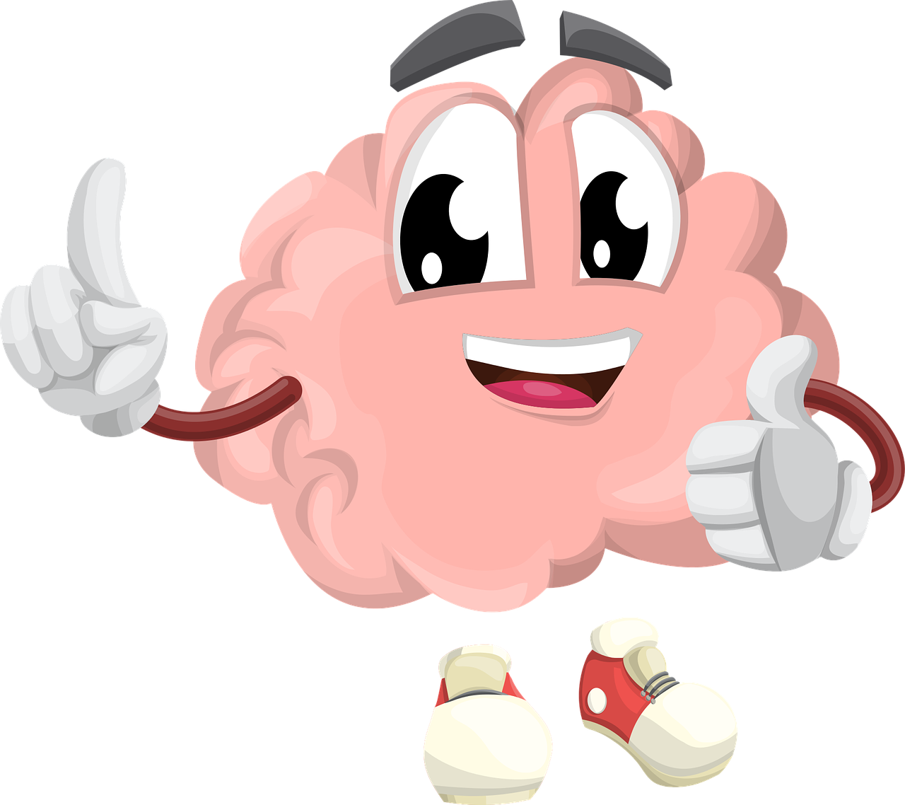 Eine Grafik, die ein Gehirn als Gesicht von einer Zeichentrickfigur zeigt. Sie zeigt einen Daumen hoch und läuft auf etwas zu.